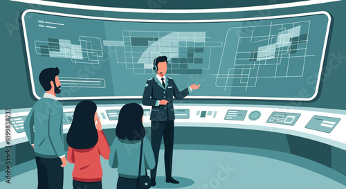 Exploring aviation control center with interactive display panel and operational expert assistance