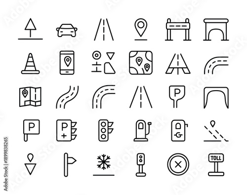Collection of vector icons representing various road signs and navigation symbols.