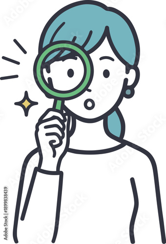 虫眼鏡で確認する女性　検索・調査・チェックのコンセプトベクターイラスト