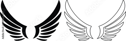 Angel wings icon set in flat and line style, bird wing symbol collection and group, black monochrome vector illustration isolated on transparent background for logo design