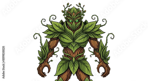 A fierce tree guardian with glowing green eyes and armor made of leaves.
