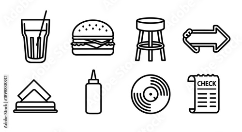 Collection of simple black and white diner icons