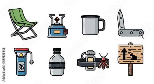 Illustration of various camping and outdoor adventure equipment icons.