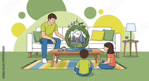 Family Discussing Sustainable Living with Urban and Renewable Energy Globe Model in Living Room