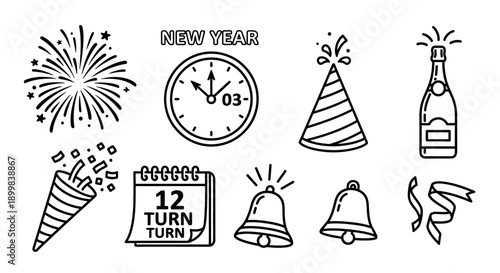 New Year celebration icons including fireworks, clock, party hat, champagne, confetti.