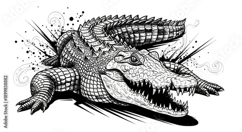 Aggressive alligator illustration with open jaws and sharp teeth