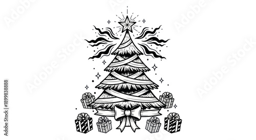 Stylized black and white Christmas tree with gifts and festive elements.