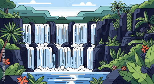 Vibrant tropical waterfall illustration with lush jungle foliage and clear water.