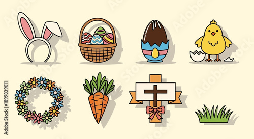Collection of colorful Easter symbols in a flat cartoon style.