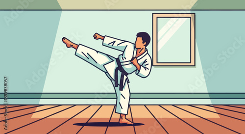 Karate practitioner performing a side kick in a dojo.