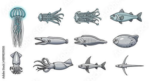 Collection of cartoon sea creatures and fish