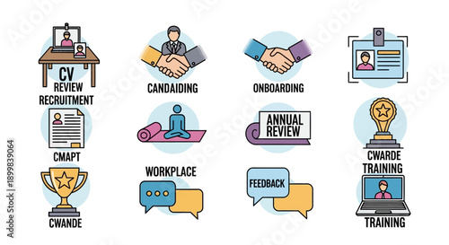 A collection of colorful line icons representing human resources and employee management concepts.