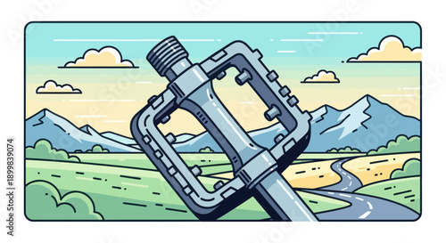 Bicycle pedal in a scenic mountain landscape with a winding road.