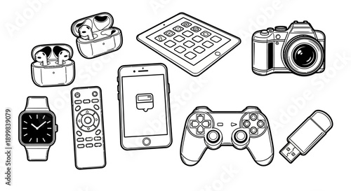 Line art illustration set of various modern electronic devices and gadgets.
