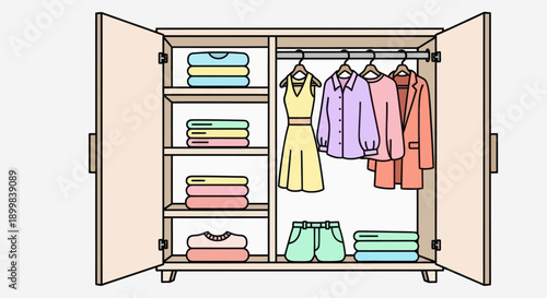 Illustration of a neat and tidy closet with colorful clothing on hangers and shelves.