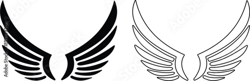 Angel wings icon set in flat and line style, bird wing symbol collection and group, black monochrome vector illustration isolated on transparent background for logo design