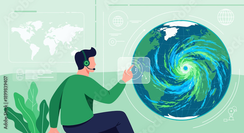 Forecasting a storm with technology: an operator analyzing weather data for preparation