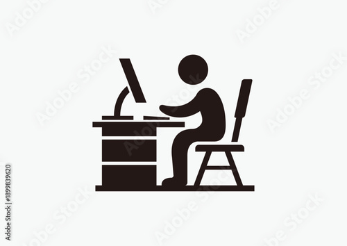 Person working at desk with computer pictogram icon illustration