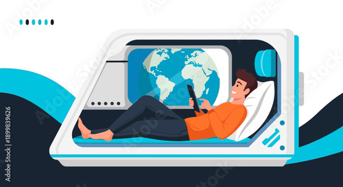 Future travel technology illustrated by comfortable personal pods with global connectivity