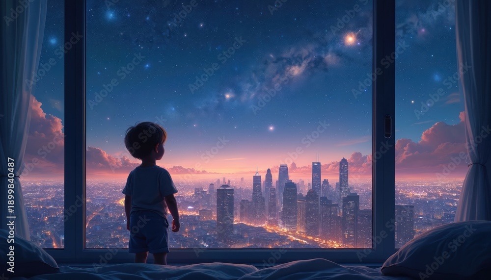 Fototapeta premium Young child watches stars from bedroom window overlooking cityscape at dusk. Boy gazes at night sky filled with celestial bodies and clouds above modern buildings and city lights.
