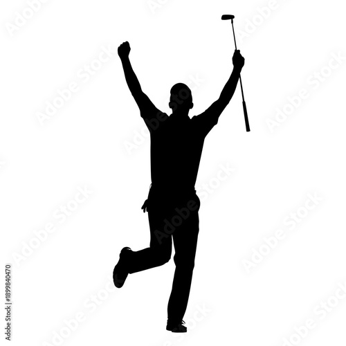 Silhouette of a triumphant golfer celebrating a winning shot.