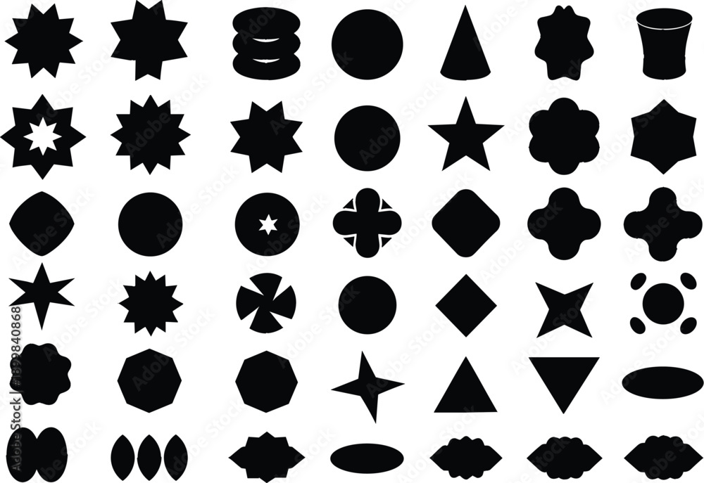 Fototapeta premium Abstract black geometric shapes set featuring stars, circles, and decorative minimal symbolsAbstract black geometric shapes set featuring stars, circles, and decorative minimal symbols