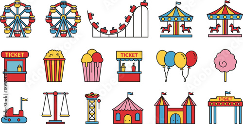Amusement Park and Carnival Vector Set with Ferris Wheel, Roller Coaster, Circus Tent, Tickets, Balloons, and Funfair Attractions for Kids Designs