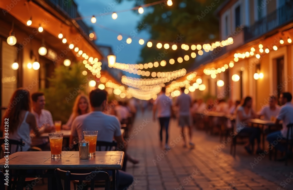 Fototapeta premium People dine at outdoor cafe tables under string lights at dusk. Lively street restaurant scene with blurred figures enjoying evening meals, drinks with friends, creating warm social atmosphere for