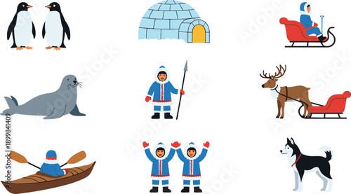 Arctic Winter Character Vector Set with Inuit People, Polar Animals, Igloo, Sleds, and Cold Weather Activities in Flat Cartoon Illustration Style
