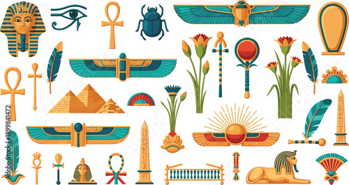 Ancient Egyptian Symbols and Decorative Elements Vector Set with Pharaoh, Ankh, Eye of Horus, Pyramids, and Mythology Icons for History and Culture Designs