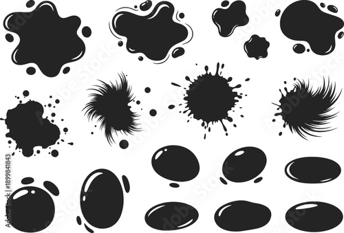 Abstract black ink splash, fluid blobs, and organic liquid shapes setAbstract black ink splash, fluid blobs, and organic liquid shapes set