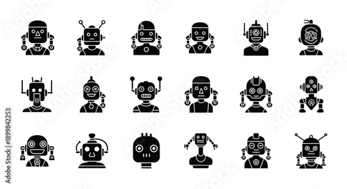 Collection of various black robot head icons, representing artificial intelligence and automation on an isolated white background.