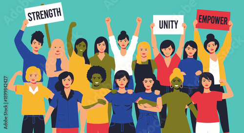 Diverse group of people holding protest signs "Strength", "Unity", "Empower", advocating for rights in a bright studio.