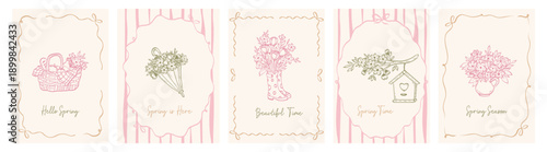 Vintage flowers set of cute cards in coquette  art. Spring hand drawn whimsical frames with bows and ribbons.  Colorful vector template for holiday.