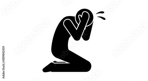 Distressed person kneeling with hands covering face, expressing sadness and grief on an isolated white background.