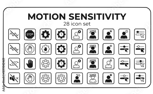 Motion Sensitivity Reduce Animation Stop Preferences Control Vestibular Settings Prefers-Reduced Accessibility Parallax Autoplay Seizure Prevention Safe Vector Icon Set - Motion Control