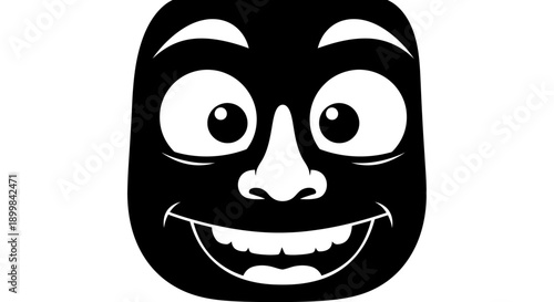 Close-up of a Happy Black Cartoon Face with Wide Eyes and Toothy Smile on an Isolated White Background