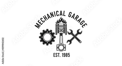 Mechanical Garage Logo with Piston Wrench and Gear.