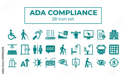 ADA Compliance Americans Disabilities Act Accessibility Standards Regulations Requirements Legal Wheelchair Access Universal Design Barrier-Free Inclusive Vector Icon Set - ADA Standards