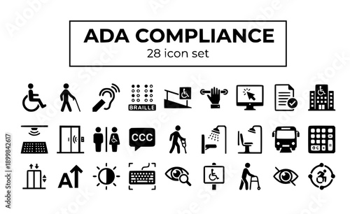 ADA Compliance Americans Disabilities Act Accessibility Standards Regulations Requirements Legal Wheelchair Access Universal Design Barrier-Free Inclusive Vector Icon Set - ADA Standards