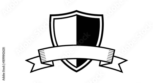 Black and white shield emblem with blank ribbon banner, half shaded, on isolated white background.