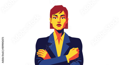Confident professional business woman with arms crossed, looking directly at viewer, on isolated white background.