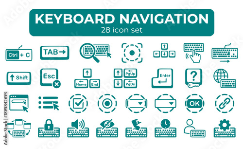 Keyboard Navigation Shortcuts Tab Access Focus Indicator Controls Keys Accessibility Keyboard-Only Arrow Enter Escape Spacebar Tabbing Vector Icon Set - Keyboard Access