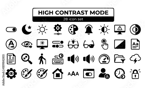 High Contrast Mode Dark Light Toggle Settings Theme Adjustment Accessibility Visual Color Display Screen Visibility Legibility Readability Vector Icon Set - Contrast Display