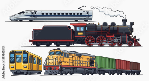 Collection of various trains and locomotives in different styles and eras displayed together