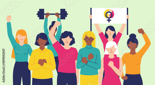 Diverse Group of Empowered Women Celebrating International Women's Day with Dumbbells and Female Symbol, Rights and Strength.