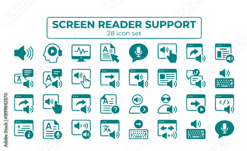 Screen Reader Support Text-to-Speech Audio Accessibility Compatible Assistive Voice Output Accessible Content NVDA JAWS VoiceOver Narrator Blind Vector Icon Set - Screen Reader
