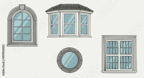 A collection of various window designs including arched, bay, porthole, and rectangular styles illustrated in a graphic format from a straightforward viewpoint.