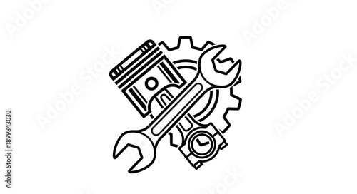 Mechanical Engineering Icon with Piston Wrench and Gear.