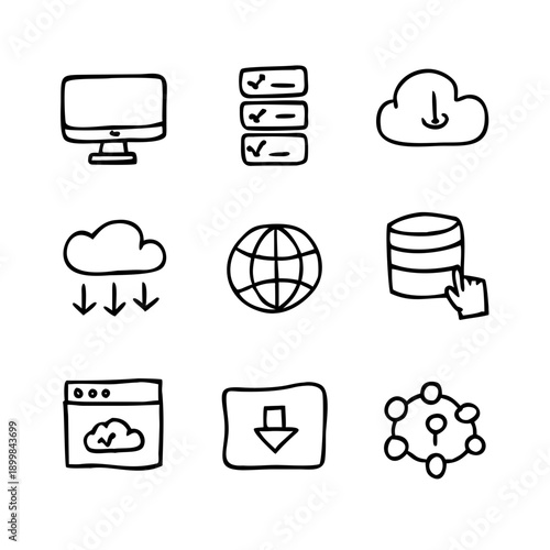 Modern cloud computing and data storage icons for business technology